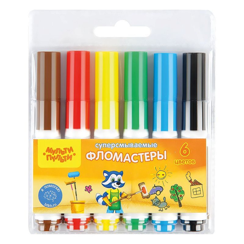Фломастеры Мульти-Пульти "Приключения Енота", 06цв., утолщенные, суперсмываемые, блистер
