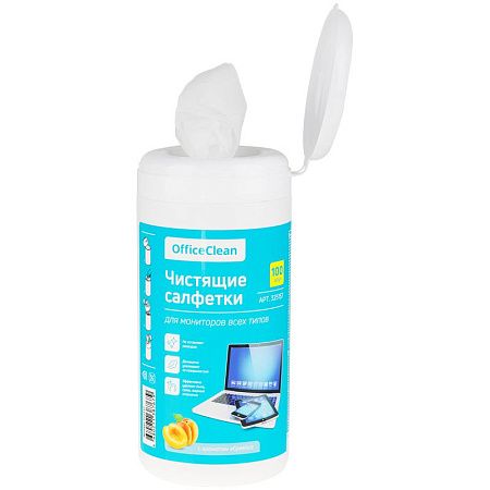 Салфетки чистящие влажные OfficeClean, для мониторов всех типов, в тубе, с ароматом абрикоса, 100шт.