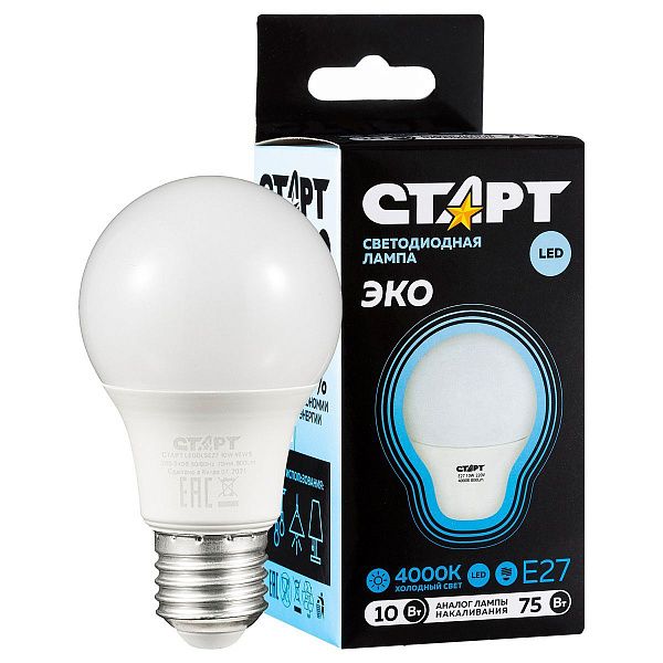 Лампа светодиодная Старт LED, серия "WS" 10W40, тип А "груша", E27, 4000К, нейтральный свет, 25000ч