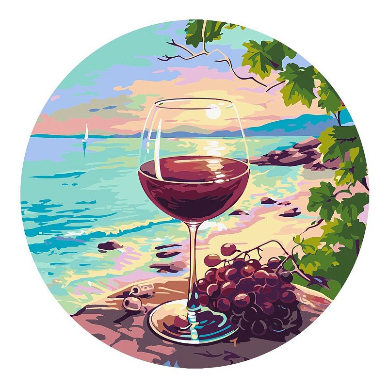 Картина по номерам на фигурном холсте ТРИ СОВЫ "Закат, вино и море", форма круг, с акриловыми красками и кистями