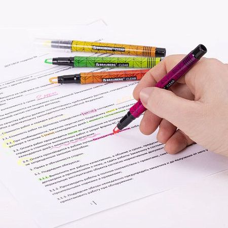 Набор текстовыделителей с прозрачным наконечником 4 ЦВЕТА, BRAUBERG "Clear", линия 1-5 мм, 152426 