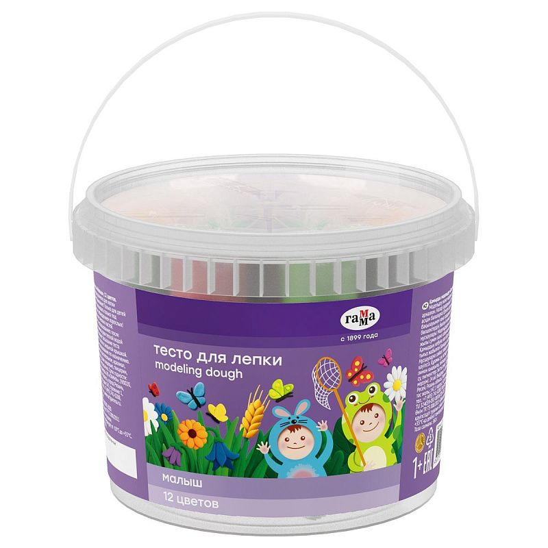 Тесто для лепки Гамма "Малыш", 12 цветов*30г, пластиковое ведро