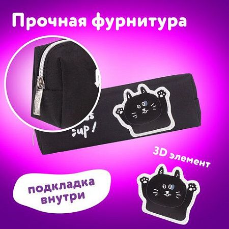 Пенал ЮНЛАНДИЯ, 1 отделение, полиэстер, "Cat", черный, 19х4х6 см, 270279 