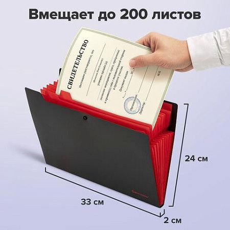 Папка-органайзер на кнопке 12 отделений, BRAUBERG "Extra", А4, черная с красным, 271934 