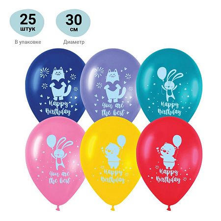 Воздушные шары,  25шт., М12/30см, MESHU "Happy birthday", пастель, ассорти