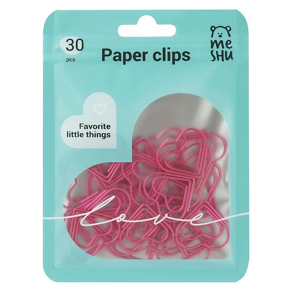 Скрепки фигурные 25мм, MESHU "Little Hearts", 30шт., пакет с замком зип лок, европодвес