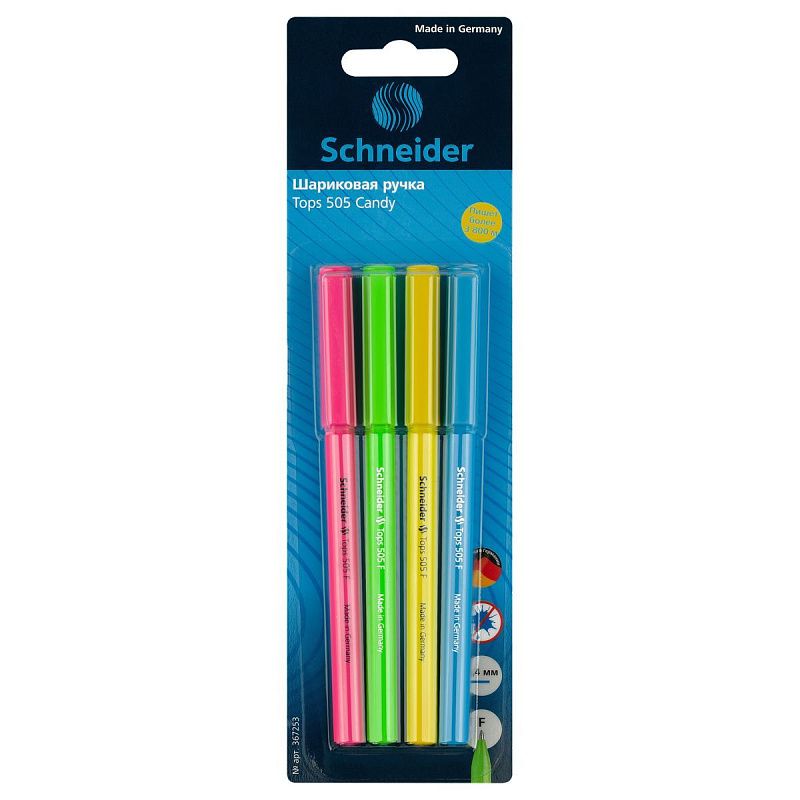 Ручка шариковая Schneider "Tops 505 F Candy" 4шт., синие, 0,8мм, корпус неон ассорти, блистер
