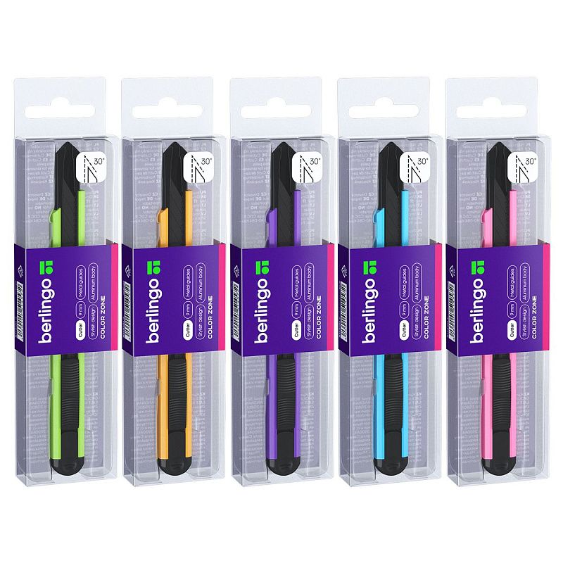 Нож канцелярский 9мм Berlingo "Color Zone", черное лезвие,auto-lock, металл. направл.,ассорти, евро