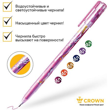 Набор гелевых ручек Crown "Glitter Metal Jell" 6шт., 06цв., 1,0мм, с блестками, ПВХ уп., европодвес 