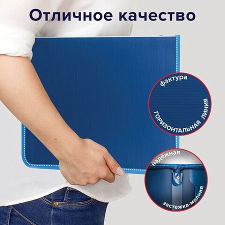 Папка на молнии пластиковая BRAUBERG "Contract", А4, 335х242 мм, внутренний карман, синяя, 225161 