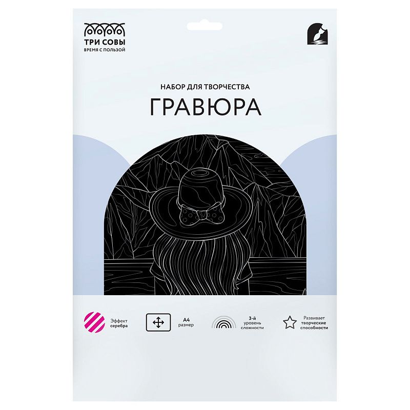 Гравюра с эффектом серебра ТРИ СОВЫ "Девушка. Антистресс", А4