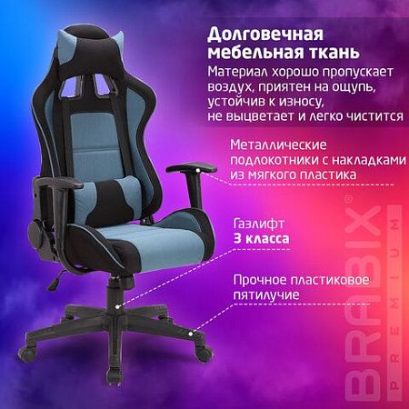 Кресло компьютерное BRABIX "GT Racer GM-100", две подушки, ткань, черное/голубое, 531818