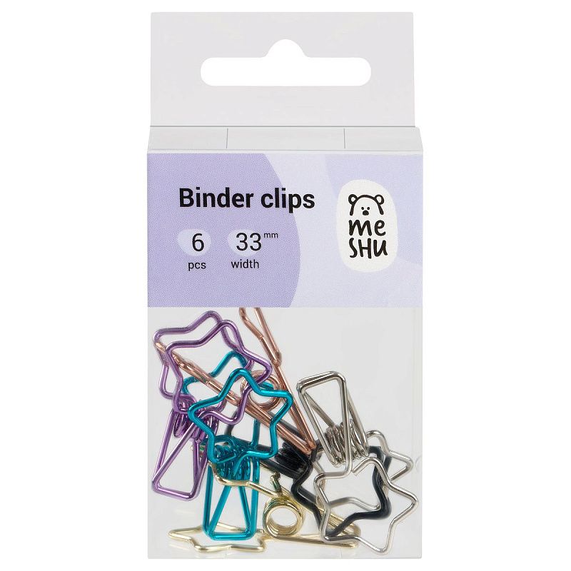 Зажимы для бумаг 33мм, MESHU "Shining Stars", 6шт., ассорти, бокс с европодвесом