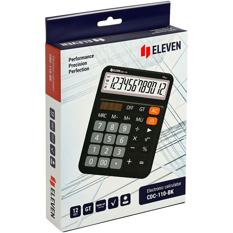 Калькулятор настольный Eleven CDC-110-BK, 12 разрядов, двойное питание, 125*160*28мм, черный