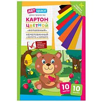 Картон цветной А4, ArtSpace, 10л., 10цв., немелованный, золото, серебро, в папке, "Волшебный. Медвежонок"