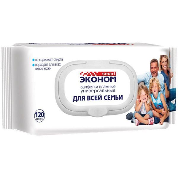 Салфетки влажные Эконом Smart, 120шт., для всей семьи, с пластиковым клапаном