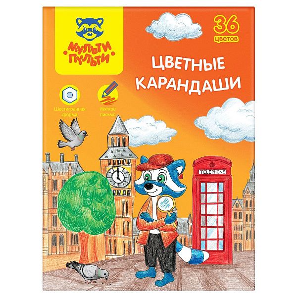 Карандаши цветные Мульти-Пульти "Енот в Англии", 36 цв., шестигран., заточен., картон, европодвес, термоусадка