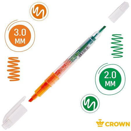 Текстовыделитель двухсторонний Crown "Multi Hi-Lighter Twin" оранжевый/зеленый, 3/2мм 