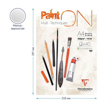 Скетчбук - альбом для смешанных техник 40л., А4, на склейке Clairefontaine "Paint'ON", мелкозерн., 250г/м2