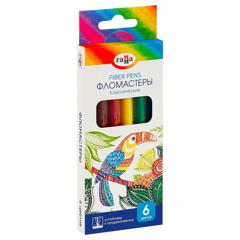 Фломастеры Гамма "Классические", 6цв., смываемые, картон. упак., европодвес