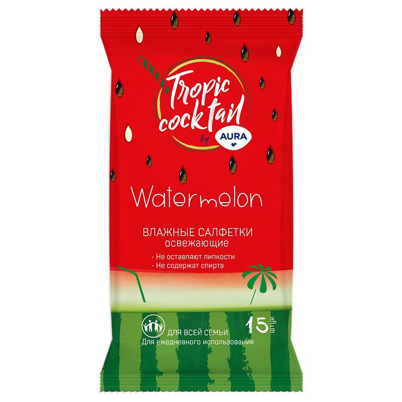Салфетки влажные Aura "Tropic coctail", 15шт., освежающие, ассорти 