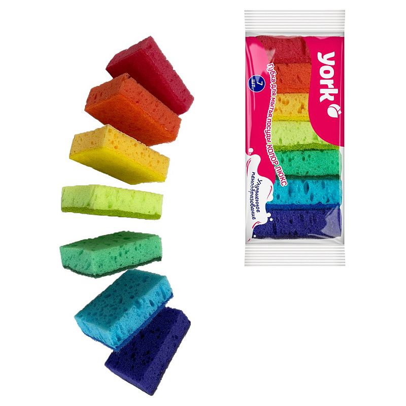 Губки для посуды York "Колор Люкс", поролон с абразивным слоем, 10*7*3см, 7шт.