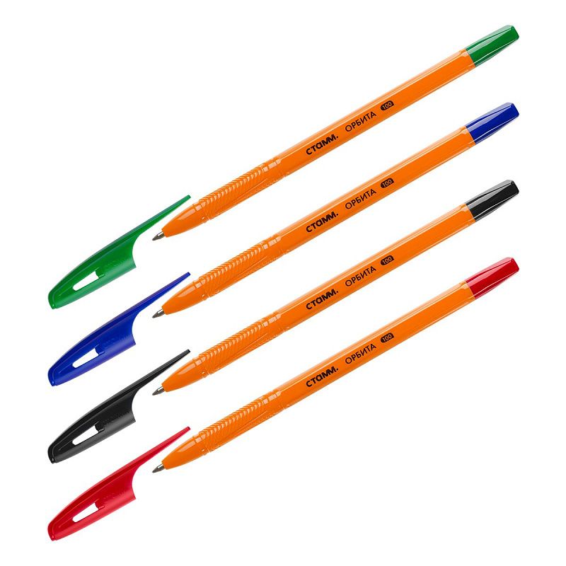 Набор шариковых ручек СТАММ «Орбита 100» 4шт., 4цв., 0,7мм, оранжевый корпус, пакет с европодвесом 