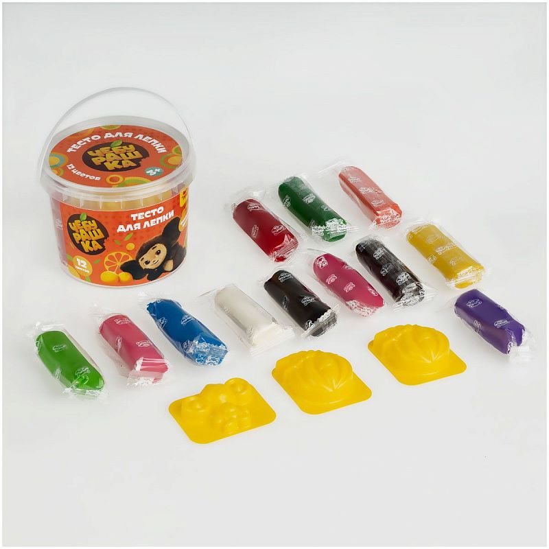Тесто для лепки Мульти-Пульти "Чебурашка", 12 цветов*30г, пластиковое ведро + 2 формочки Чебы на корексе