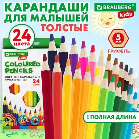 Карандаши цветные утолщенные BRAUBERG KIDS 24 цвета, грифель 5 мм, 181879