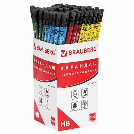 Карандаш чернографитный BRAUBERG, 1 шт., "Fuete", НВ, c ластиком, черное дерево, корпус ассорти, 180634 