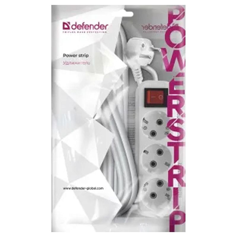 Удлинитель Defender L330 3 розетки, с заземлением, выключатель, 10м, белый