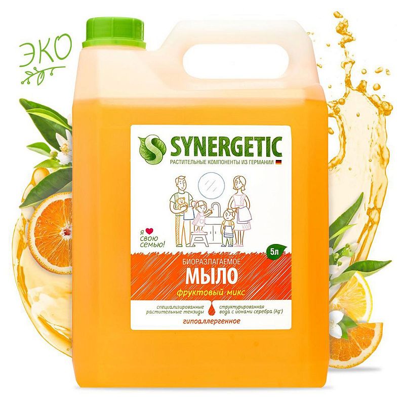 Мыло жидкое Synergetic "Фруктовый микс", канистра, 5л 