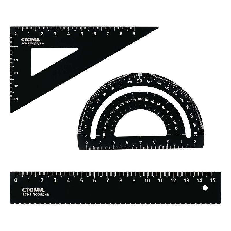 Набор чертежный СТАММ, размер S (линейка 15см, треугольник, транспортир), металлический, черный, в пенале 