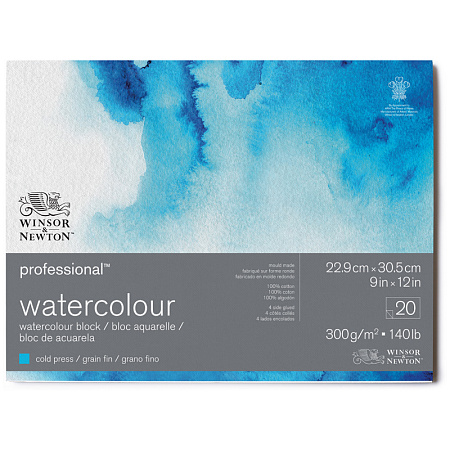 Альбом-склейка для акварели, 20л., 229*305мм, Winsor&Newton "Professional", 300г/м2, холодный пресс, 100% хлопок