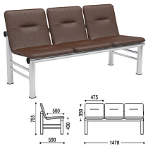 картинка Кресло для посетителей трехсекционное "Троя", 745х1470х600 мм, светлый каркас, кожзам коричневый, СМ 105-03 К006 от магазина