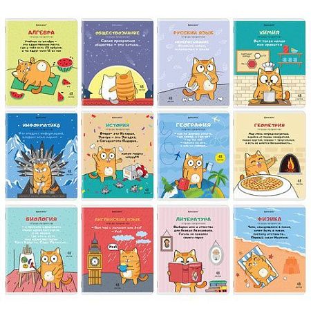 Тетради предметные, КОМПЛЕКТ 12 ПРЕДМЕТОВ, "КОТ-ЭНТУЗИАСТ", 48 л., TWIN-лак, BRAUBERG, 404609