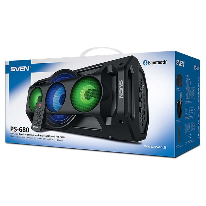 Колонка портативная Sven PS-680, 65W, Bluetooth, FM, USB, microSD, LED-дисплей, пульт, караоке, подсветка, черный