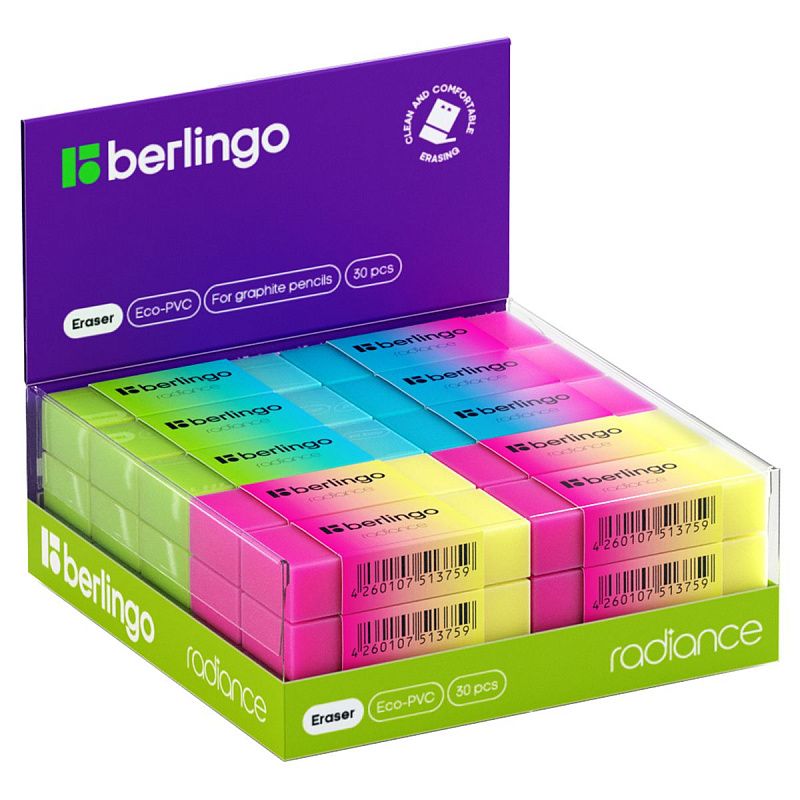 Ластик Berlingo "Radiance ", прямоугольный, цвета ассорти, 50*18*10мм 