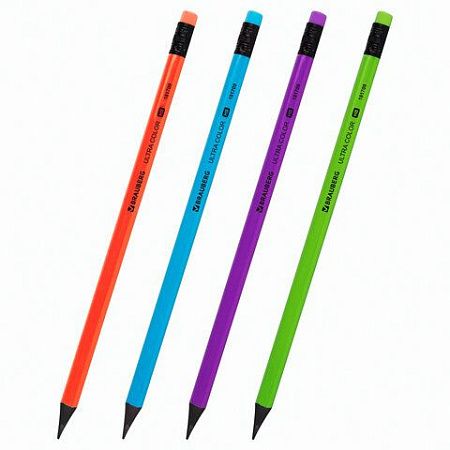 Набор карандашей чернографитных BRAUBERG "ULTRA COLOR" 4 шт., HB, с ластиком, пластиковые, 181709 