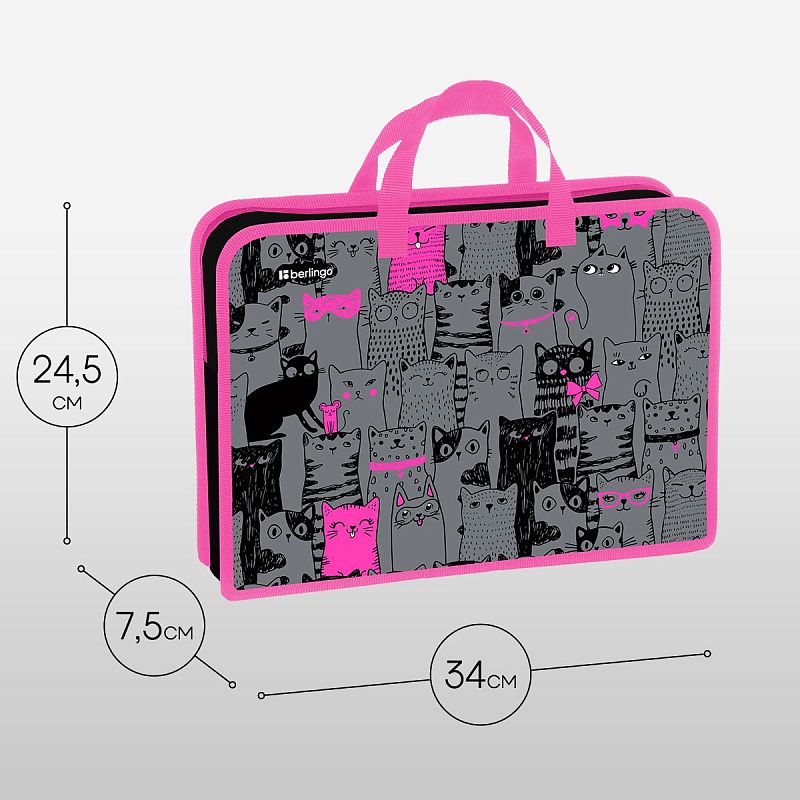 Папка с ручками 1 отделение, А4 Berlingo "Happy Cats", 340*245*75мм, пластик, на молнии 