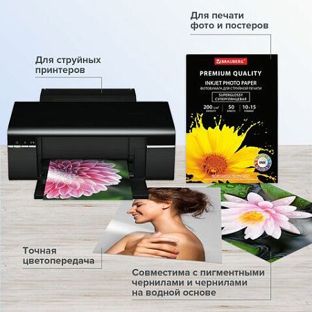 Фотобумага PREMIUM суперглянцевая, 10х15 см, 200 г/м2, односторонняя, 50 листов, BRAUBERG, 363998