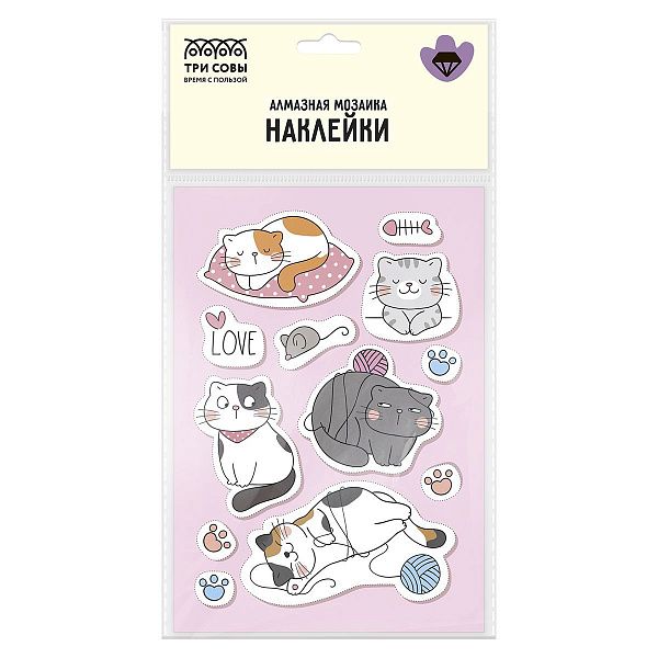 Алмазная мозаика, наклейки ТРИ СОВЫ "Котики", пакет с европодвесом