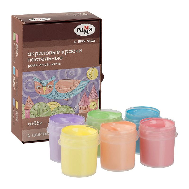Краски акриловые декоративные Гамма "Хобби", 06 цветов, 20мл, картон. упаковка, пастельные цвета