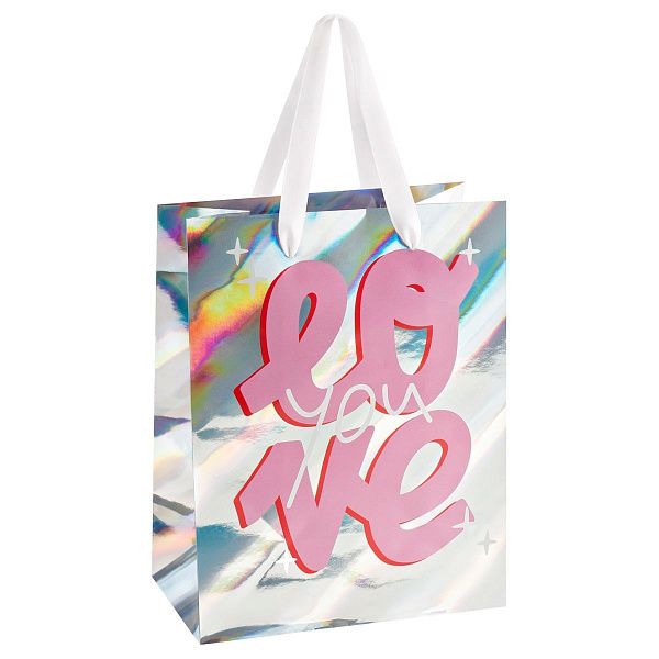 Пакет подарочный 26*32*12см MESHU "Love", голографический картон