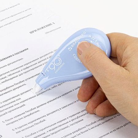 Корректирующая лента BRAUBERG PASTEL 5 мм х 12 м, вращающийся наконечник 90°, механизм перемотки, корпус голубой, блистер, 272488