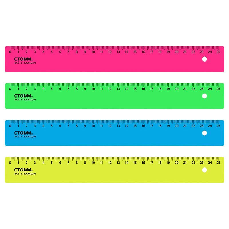 Линейка 25см СТАММ, пластиковая, непрозрачная, неоновые цвета, ассорти