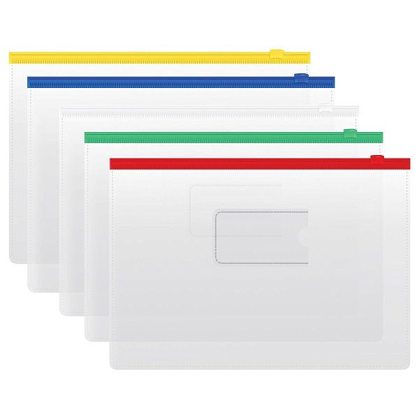 Папка-конверт на zip-молнии СТАММ А4, ПВХ, 120мкм, прозрачная, цветная молния, карман, ассорти