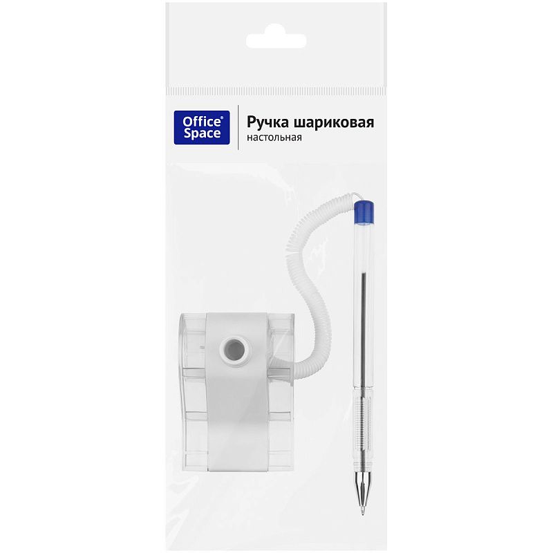 Ручка шариковая настольная OfficeSpace синяя, 0,7мм, прозрачный корпус, белая подставка, европодвес 