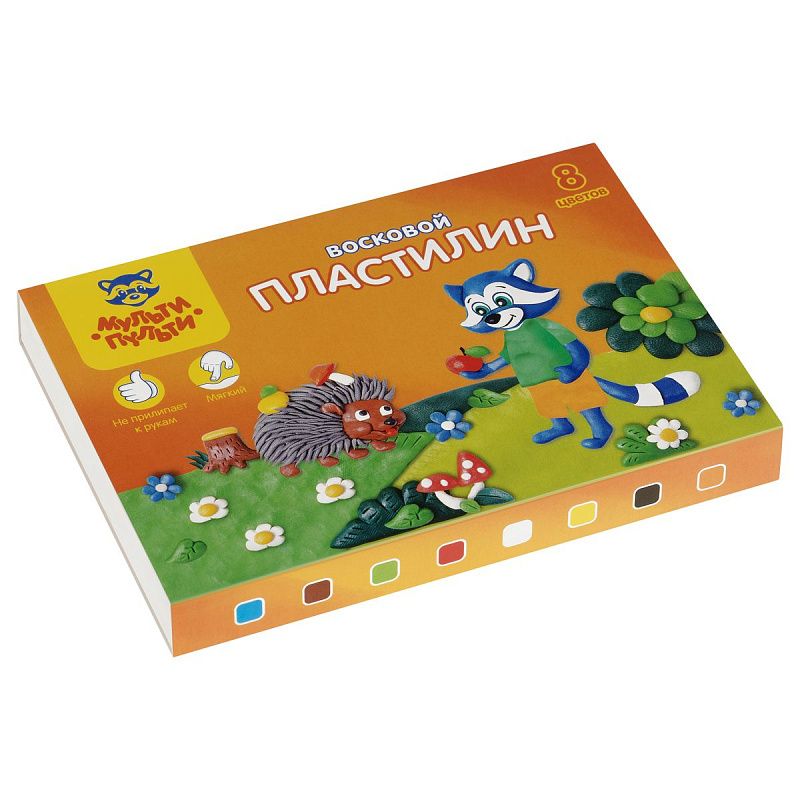 Пластилин Мульти-Пульти "Енот в лесу", 08 цветов, 120г, восковой, со стеком, картон, европодвес