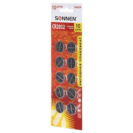 Батарейки литиевые SONNEN Lithium CR2032, "таблетки, дисковые, кнопочные", КОМПЛЕКТ 10 шт., блистер, 457143